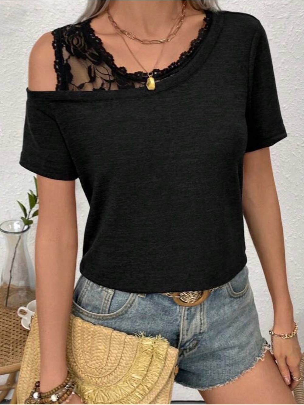 Black Cold-Shoulder Lace-Trim Short Sleeve Tee